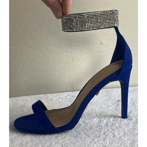 Anne Michelle Size 8 Royal Blue Faux Diamonds Open Toe High Heels Ankle Strap - Picture 4 of 16